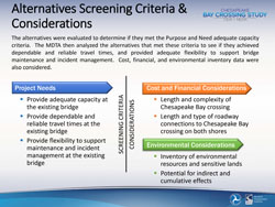 Alternatives Screening Criteria & Considerations
